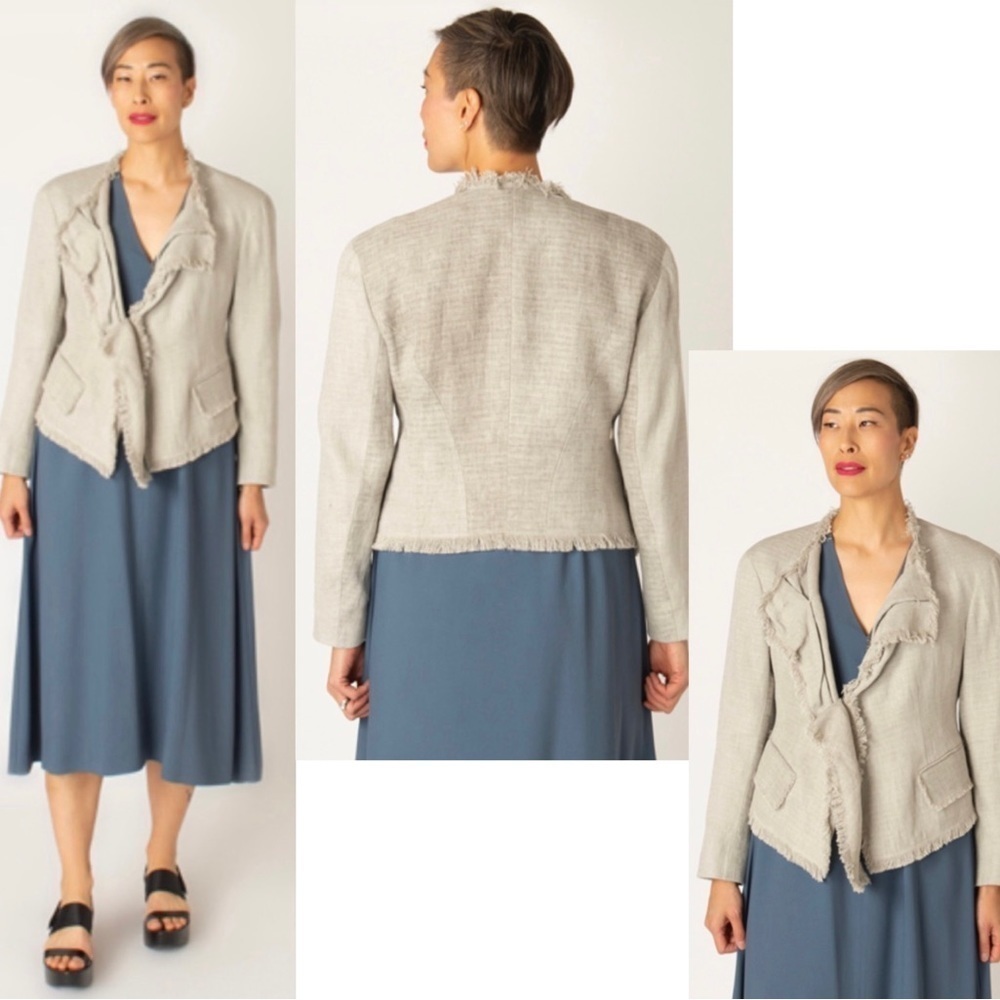 Donna Karan New York linen fringe jacket blazer gray beige Sz 14